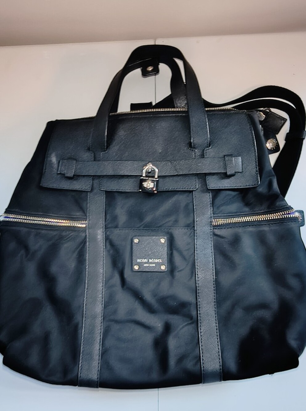 Henri bendel Black Nylon Backpack Tote with Leather Trim